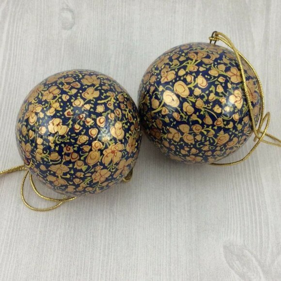 2 Blue Gold Handmade Paper Mache Christmas Balls Made in India DAMAGED - Picture 4 of 12